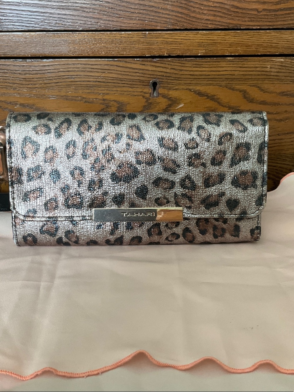 Tahari Metallic Gold and Black Leopard Print Fold-Over Clutch